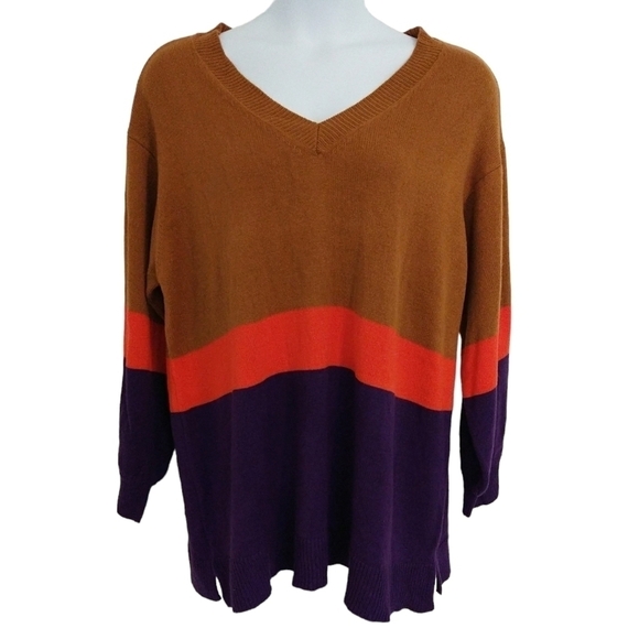 Lane Bryant Brown Orange Purple Colorblock Striped V-Neck Sweater Colorful Cozy - Picture 1 of 9